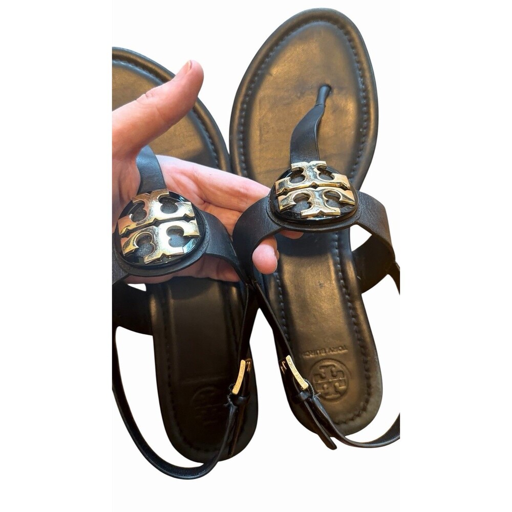Tory Burch Bryce Logo Black Leather Sandals Flat Thong Flip Flop 9 Womens Summer - Picture 6 of 10